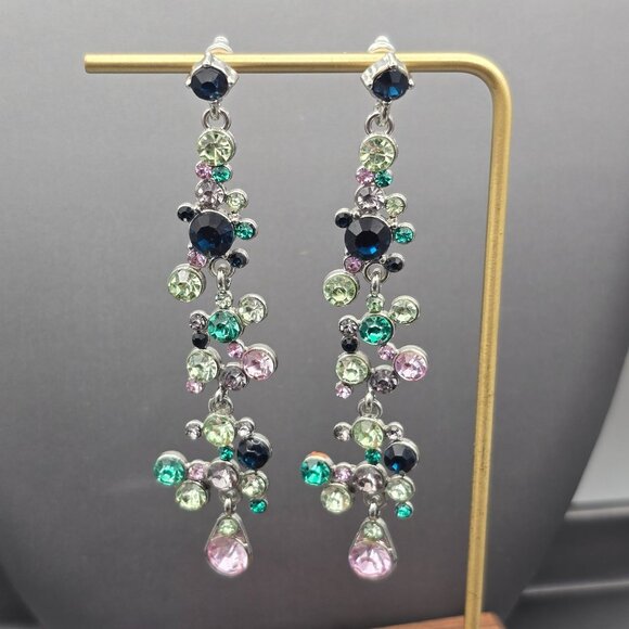 VTG Crystal Drop Dangle Statement Earrings 3.5" Multicolor Glass Silver Tone - Picture 3 of 4